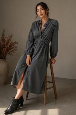 Zara Women's Gray 100% Cotton Drawstring Waist Button Front Midi Dress Medium